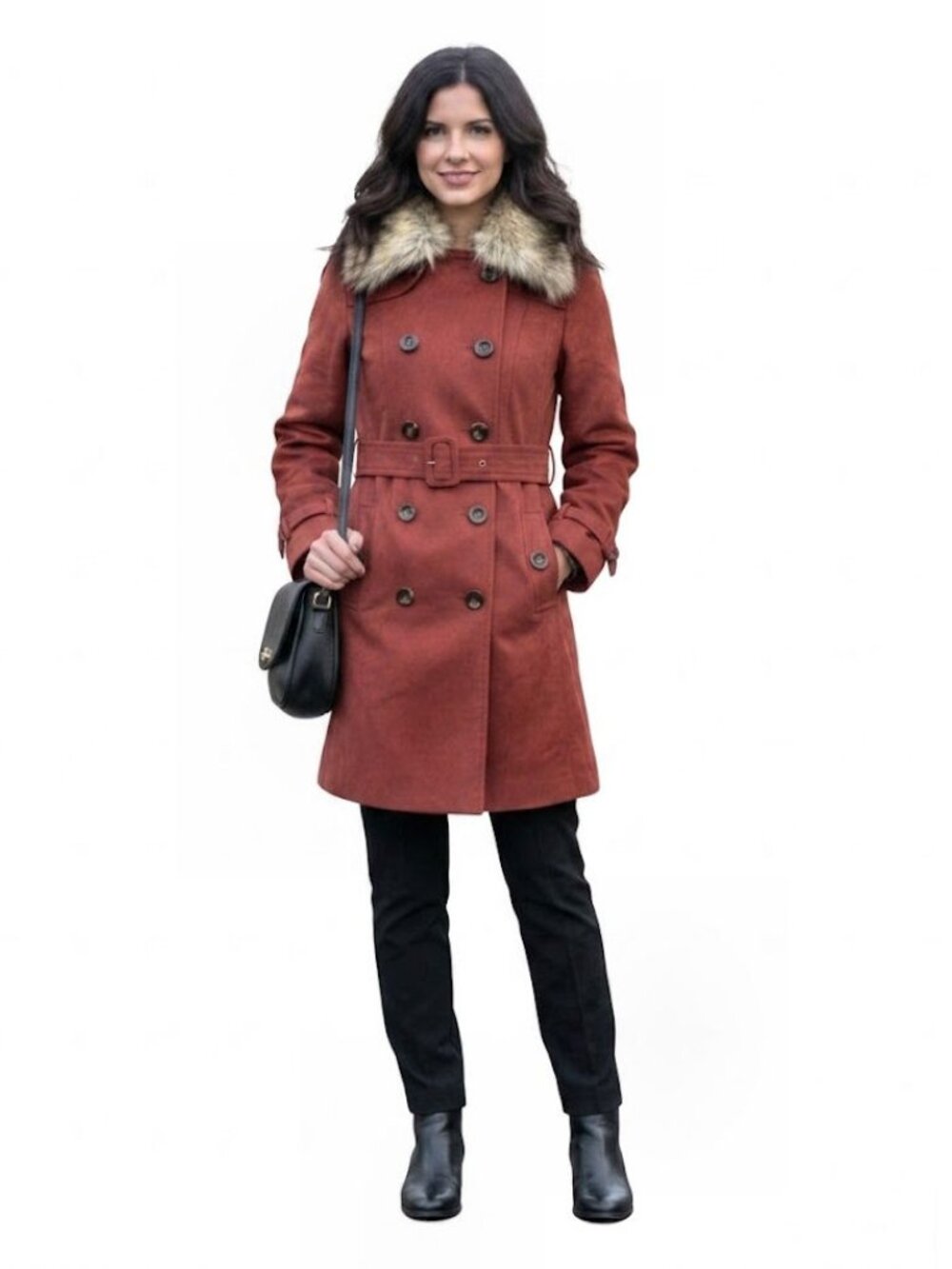 Steve Madden Faux Suede Faux Fur Collar Trench Coat, Red Orange Womens Size S